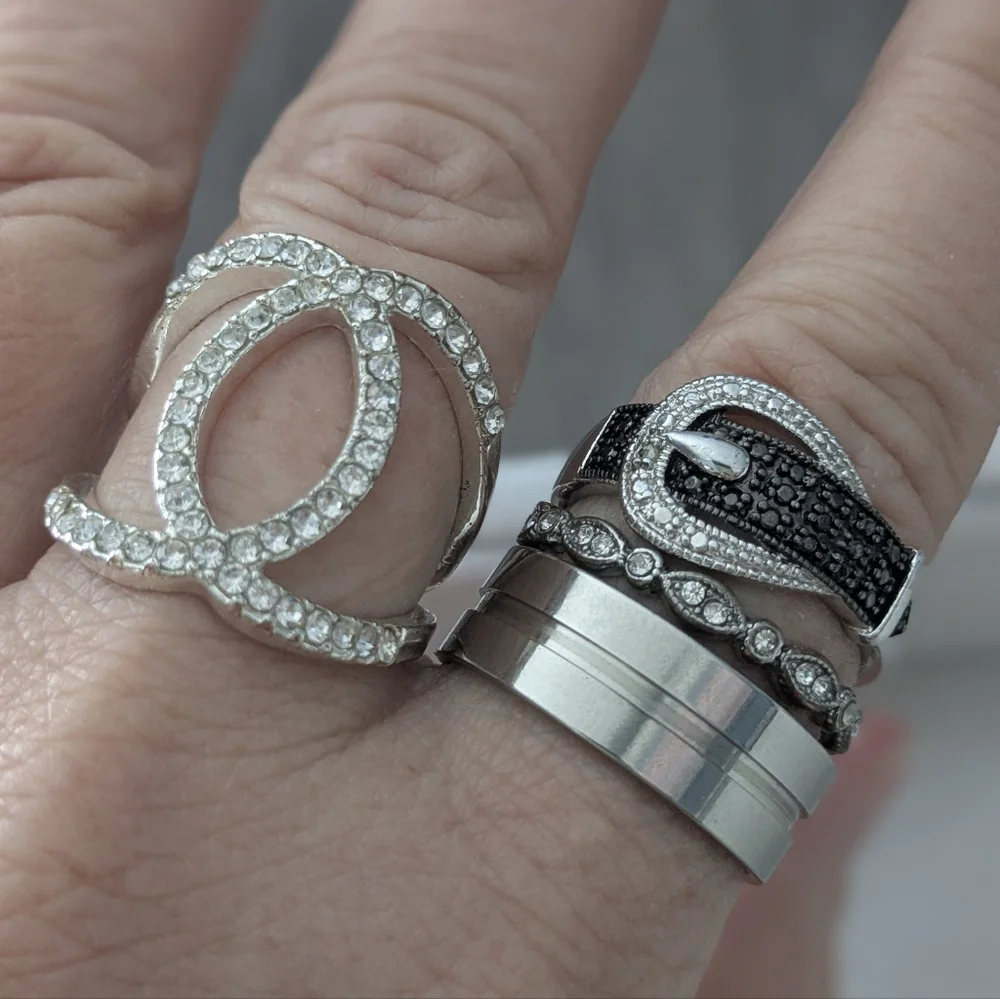 Silver Tone Statement Ring Bundle | CZ & Rhinestone Fashion Rings | Sizes 9–10.5